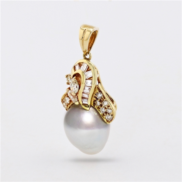 14K White Gold 11.50 x 9mm Cultured Pearl and Diamond Pendant -PNR-