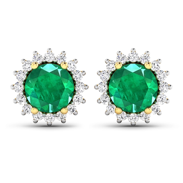 14K Yellow Gold Earrings 1.36 Carat Zambian Emerald Round Cut with White Diamond  0.32ct (Vault_Q) 