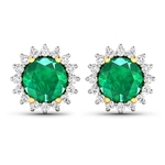 14K Yellow Gold Earrings 1.36 Carat Zambian Emerald Round Cut with White Diamond  0.32ct (Vault_Q) 