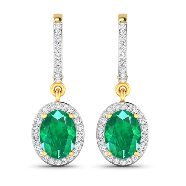 14K Yellow Gold Earrings 2 Carat Zambian Emerald Oval Cut with White Diamond  0.32ct (Vault_Q) 