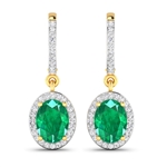 14K Yellow Gold Earrings 2 Carat Zambian Emerald Oval Cut with White Diamond  0.32ct (Vault_Q) 