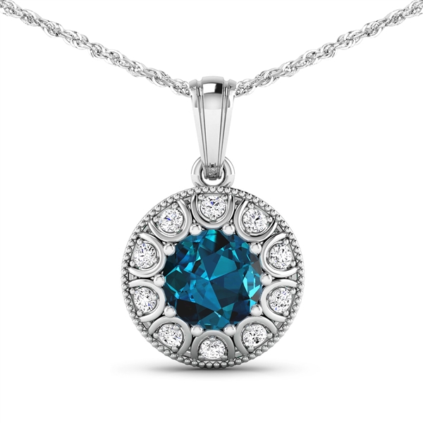 14K White Gold 18 Chain Pendant 2.05 Carat London Blue Topaz Round Cut with White Diamond  0.3ct (Vault_Q) 