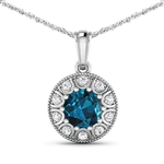 14K White Gold 18 Chain Pendant 2.05 Carat London Blue Topaz Round Cut with White Diamond  0.3ct (Vault_Q) 