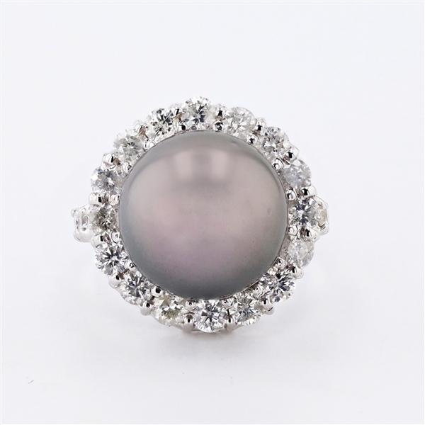 App: $5,760 12.5mm Tahitian Pearl and 1.54ctw Diamond 14K White Gold Ring (Vault_R46) 