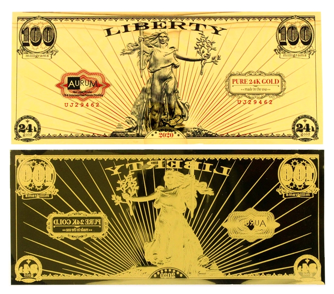 2020 100mg .999 Pure 24K Gold St. Gaudens Liberty Aurum Gold Note