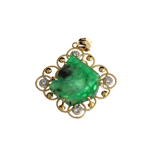 14KT. Gold, 11.54CT Free Form Green Emerald And Diamond Pendant