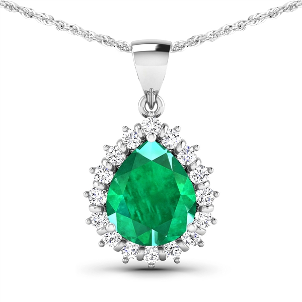 14K White Gold 18 Chain Pendant 2.85 Carat Zambian Emerald Pears Cut with White Diamond  0.48ct (Vault_Q) 