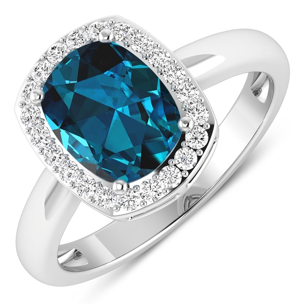 14K White Gold Ring 1.95 Carat London Blue Topaz Cushion Cut with White Diamond  0.22ct (Vault_Q) 