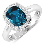 14K White Gold Ring 1.95 Carat London Blue Topaz Cushion Cut with White Diamond  0.22ct (Vault_Q) 