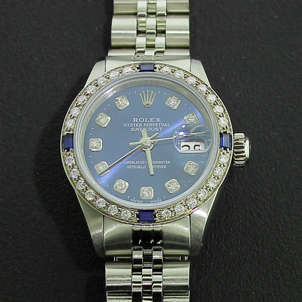 Rolex Ladies Datejust Blue Diamond Dial 18K White Gold & Stainless Steel Watch 