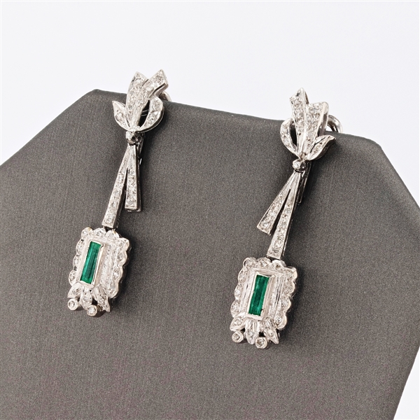 14K White Gold 0.53CT Emerald and Diamond Earrings -PNR-