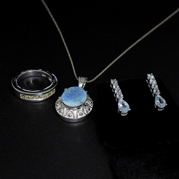 White Sapphire Ring Size 7, Aquamarine Earrings, and Opal Pendant Sterling Silver Collection 