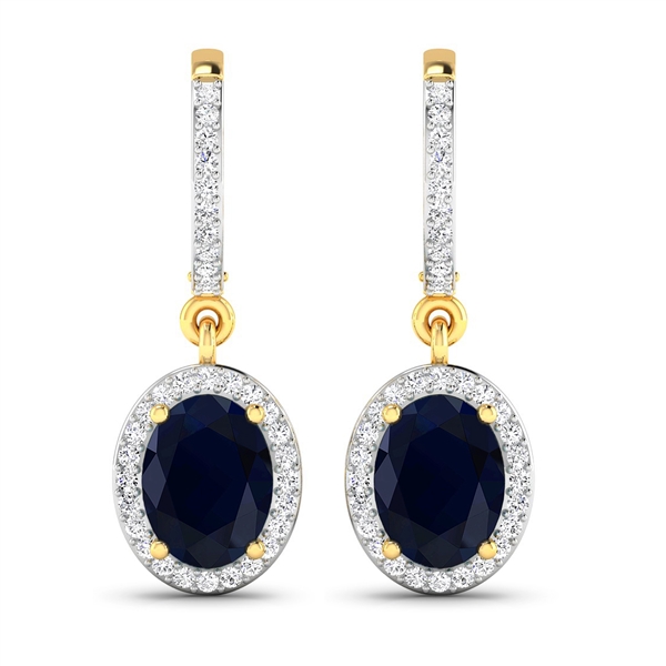 14K Yellow Gold Earrings 2.6 Carat Blue Sapphire Oval Cut with White Diamond  0.32ct (Vault_Q) 