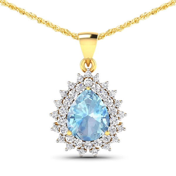 14K Yellow Gold 18 Chain Pendant 2.3 Carat Aquamarine Pears Cut with White Diamond  0.806ct (Vault_Q) 