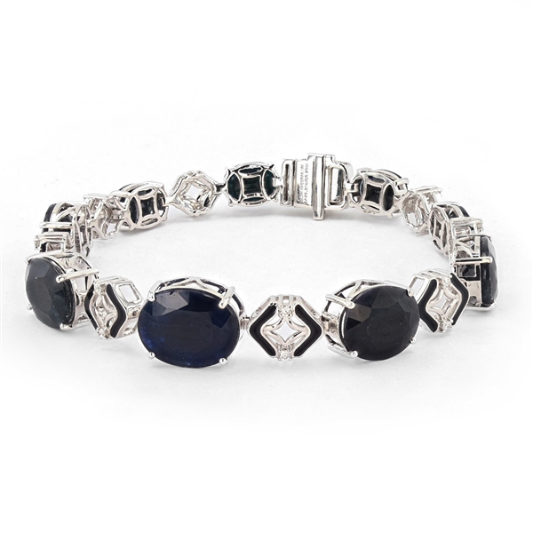 App: $21,460 29.31ctw Blue Sapphire and 0.25ctw Diamond 18K White Gold Bracelet with Black Enamel (Vault_R47) 