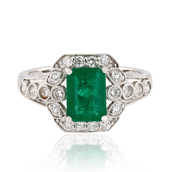 App: $10,785 1.39ct Emerald and 0.39ctw Diamond 18K White Gold Ring (Vault_R47) 