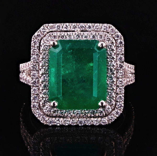 App: $22,710 6.48ct Emerald and 1.03ctw Diamond Platinum Ring (GIA CERTIFIED) (Vault_R47) 