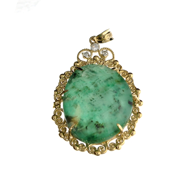 14KT. Gold, 27.35CT Green Emerald Quartz Cabochon Doublet And Diamond Pendant