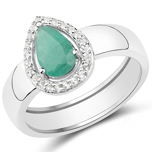 0.81CT Pear Cut Emerald and White Topaz Sterling Silver Ring Alluring Piece! -PNR-