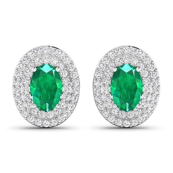 14K White Gold Earrings 0.76 Carat Zambian Emerald Oval 6x4mm Cut with White Diamond  0.315ct (Vault_Q) 