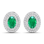 14K White Gold Earrings 0.76 Carat Zambian Emerald Oval 6x4mm Cut with White Diamond  0.315ct (Vault_Q) 