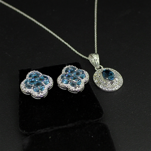  Blue Topaz Earrings and Pendant Sterling Silver Collection 