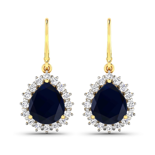 14K Yellow Gold Earrings 3.8 Carat Blue Sapphire Pears Cut with White Diamond  0.448ct (Vault_Q) 