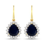 14K Yellow Gold Earrings 3.8 Carat Blue Sapphire Pears Cut with White Diamond  0.448ct (Vault_Q) 