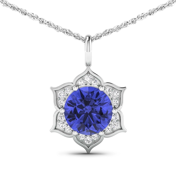 14K White Gold 18 Chain Pendant 2.02 Carat Tanzanite Round Cut with White Diamond  0.14ct (Vault_Q) 