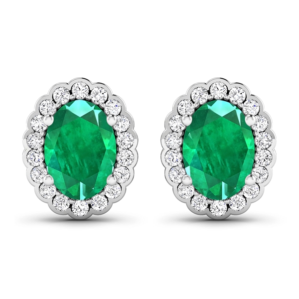 14K White Gold Earrings 1.12 Carat Zambian Emerald Oval Cut with White Diamond  0.288ct (Vault_Q) 