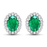 14K White Gold Earrings 1.12 Carat Zambian Emerald Oval Cut with White Diamond  0.288ct (Vault_Q) 