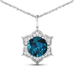 14K White Gold 18 Chain Pendant 2.05 Carat London Blue Topaz Round Cut with White Diamond  0.14ct (Vault_Q) 