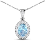 14K White Gold 18 Chain Pendant 0.96 Carat Aquamarine Oval Cut with White Diamond  0.18ct (Vault_Q) 