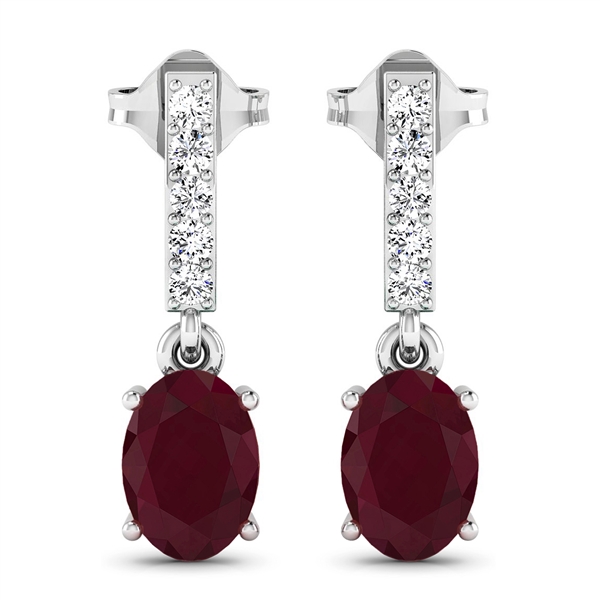 14K White Gold Earrings 1.7 Carat Ruby Oval Cut with White Diamond  0.14ct (Vault_Q) 