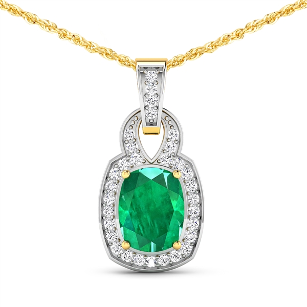 14K Yellow Gold 18 Chain Pendant 1.74 Carat Zambian Emerald Cushion Cut with White Diamond  0.25ct (Vault_Q) 