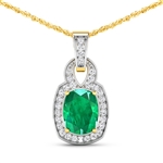 14K Yellow Gold 18 Chain Pendant 1.74 Carat Zambian Emerald Cushion Cut with White Diamond  0.25ct (Vault_Q) 