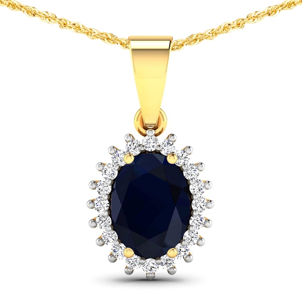 14K Yellow Gold  Chain Pendant 1.3 Carat Blue Sapphire Oval Cut with White Diamond  0.13ct (Vault_Q) 