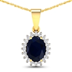 14K Yellow Gold  Chain Pendant 1.3 Carat Blue Sapphire Oval Cut with White Diamond  0.13ct (Vault_Q) 