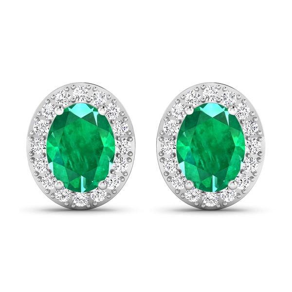 14K White Gold Earrings 2 Carat Zambian Emerald Oval Cut with White Diamond  0.448ct (Vault_Q) 