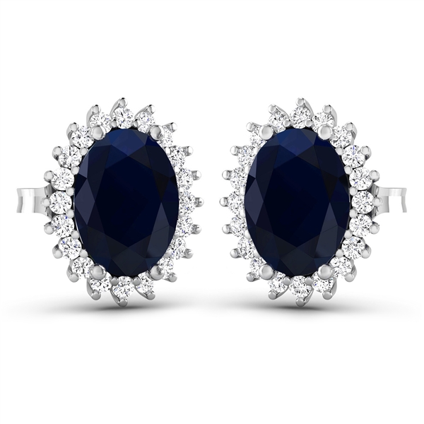 14K White Gold Earrings 2.6 Carat Blue Sapphire Oval Cut with White Diamond  0.26ct (Vault_Q) 