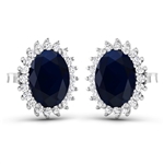 14K White Gold Earrings 2.6 Carat Blue Sapphire Oval Cut with White Diamond  0.26ct (Vault_Q) 