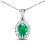 14K White Gold 18 Chain Pendant 1 Carat Zambian Emerald Oval Cut with White Diamond  0.18ct (Vault_Q) 