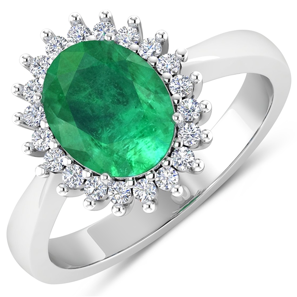 14K White Gold Ring 1 Carat Zambian Emerald Oval Cut with White Diamond  0.187ct (Vault_Q) 