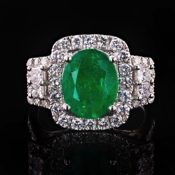 App: $16,200 3.45ct Emerald and 1.37ctw Diamond Platinum Ring (Vault_R47) 