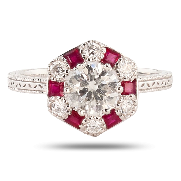 App: $3,750 0.88ctw Diamond and 0.37ctw Ruby Platinum Ring (Vault_R47) 