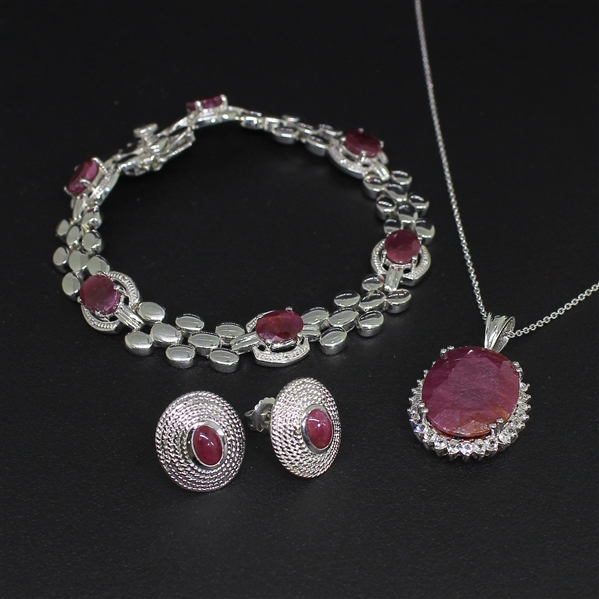 Ruby Earrings, Pendant, and Bracelet Sterling Silver Collection 