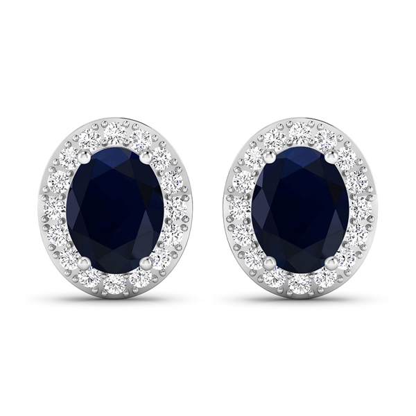 14K White Gold Earrings 2.6 Carat Blue Sapphire Oval Cut with White Diamond  0.448ct (Vault_Q) 