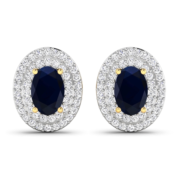 14K Yellow Gold Earrings 1.16 Carat Blue Sapphire Oval 6x4mm Cut with White Diamond  0.315ct (Vault_Q) 