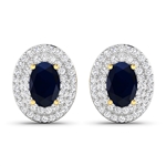 14K Yellow Gold Earrings 1.16 Carat Blue Sapphire Oval 6x4mm Cut with White Diamond  0.315ct (Vault_Q) 