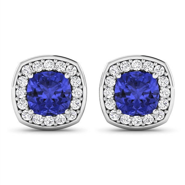 14K White Gold Earrings 1.64 Carat Tanzanite Cushion Cut with White Diamond  0.448ct (Vault_Q) 